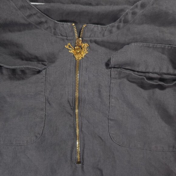 Ellen Tracy Linen Pullover Womens Large Gray 1/4 Zip Roll Tab Pockets Blouse - Picture 8 of 16